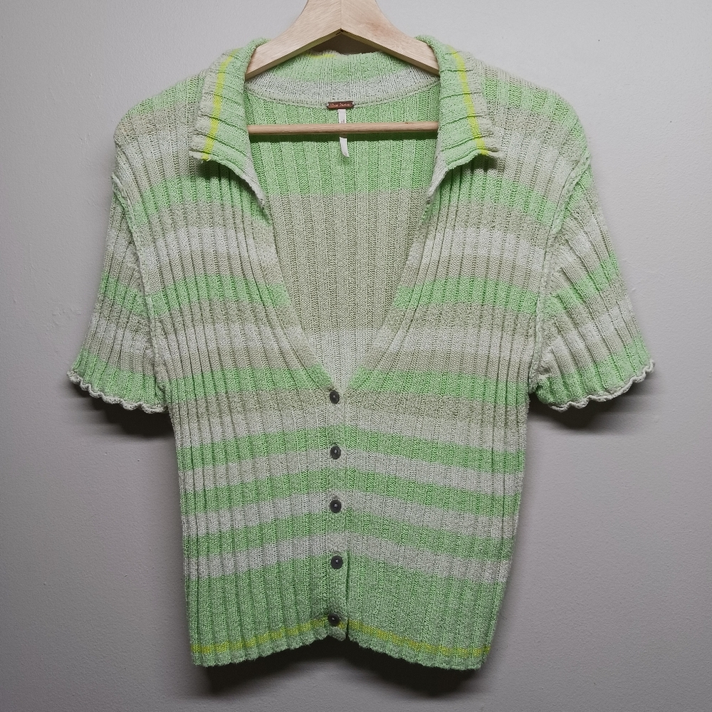Free People Crop Top Women Sze L Green Stretch Ribbed Short Sleeve Sporty Casual
